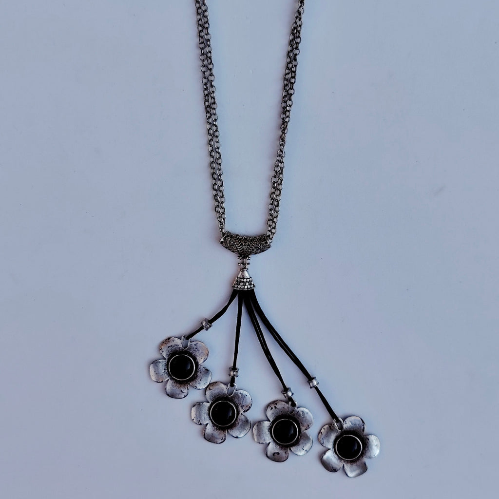 Vintage Silver-Tone Floral Tassel Asymmetrical Necklace