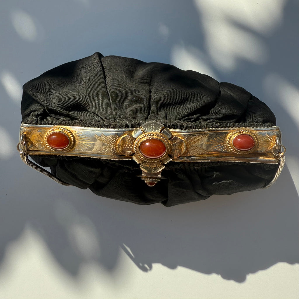 Vintage Black Evening Clutch with Ornate Metal Frame