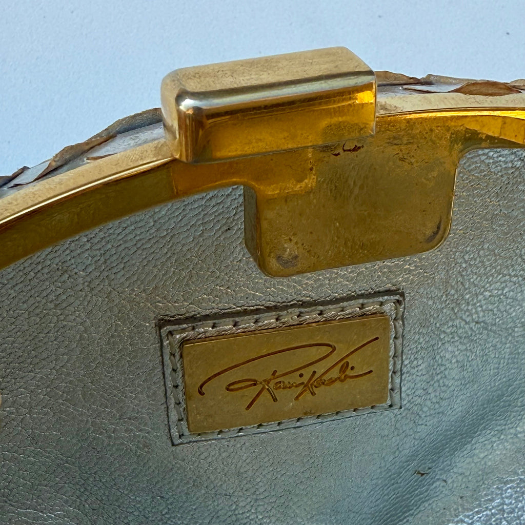 Rami Kadi Silver Python Leather Oval Clutch with Gold Studs