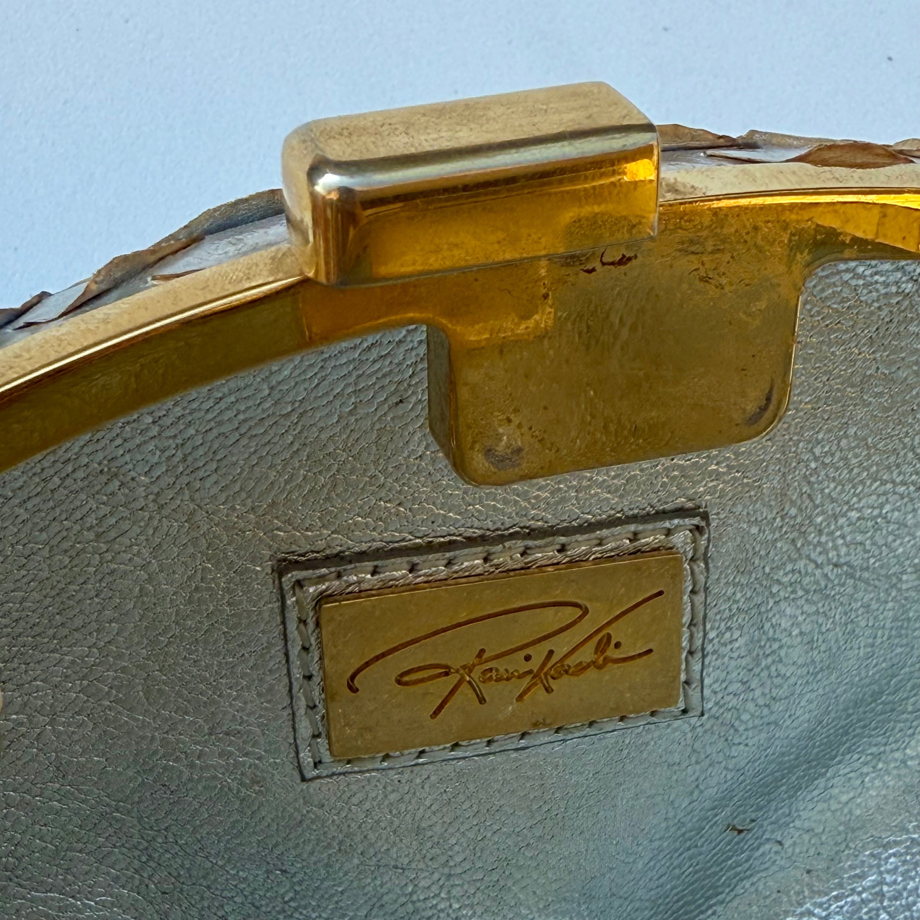 Rami Kadi Silver Python Leather Oval Clutch with Gold Studs