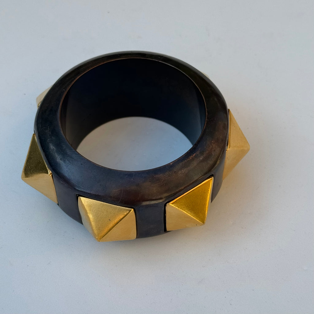 Vintage Oversized Black Resin & Brass Pyramid Stud Cuff Bangle