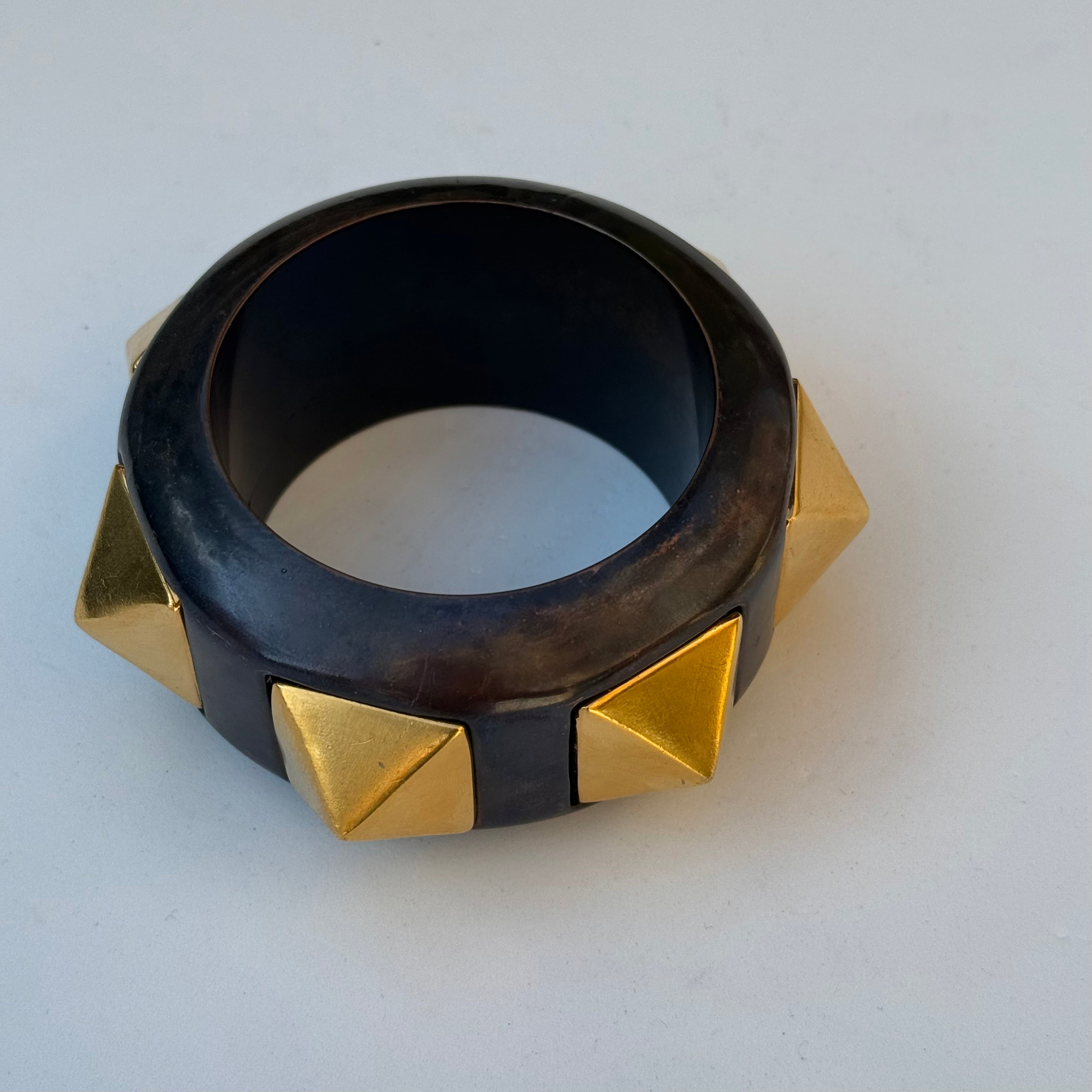 Vintage Oversized Black Resin & Brass Pyramid Stud Cuff Bangle