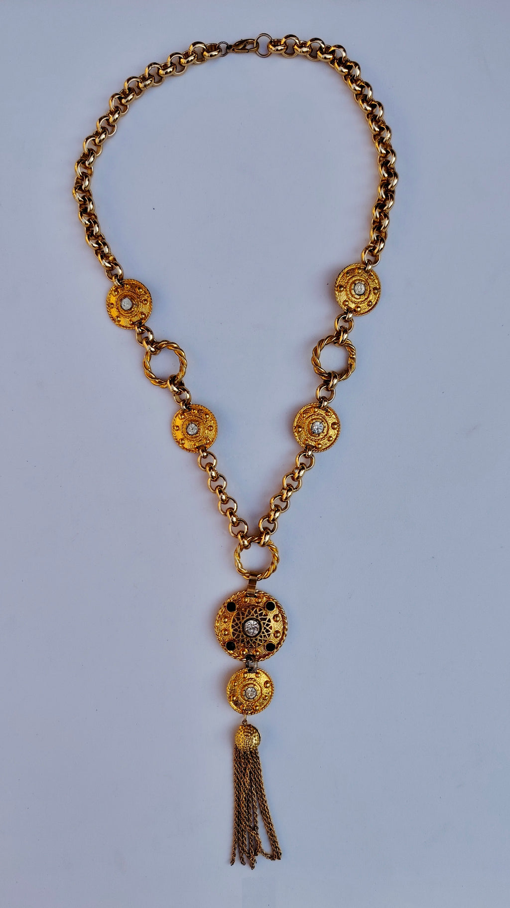 Vintage Gold-Tone Medallion Tassel Statement Necklace