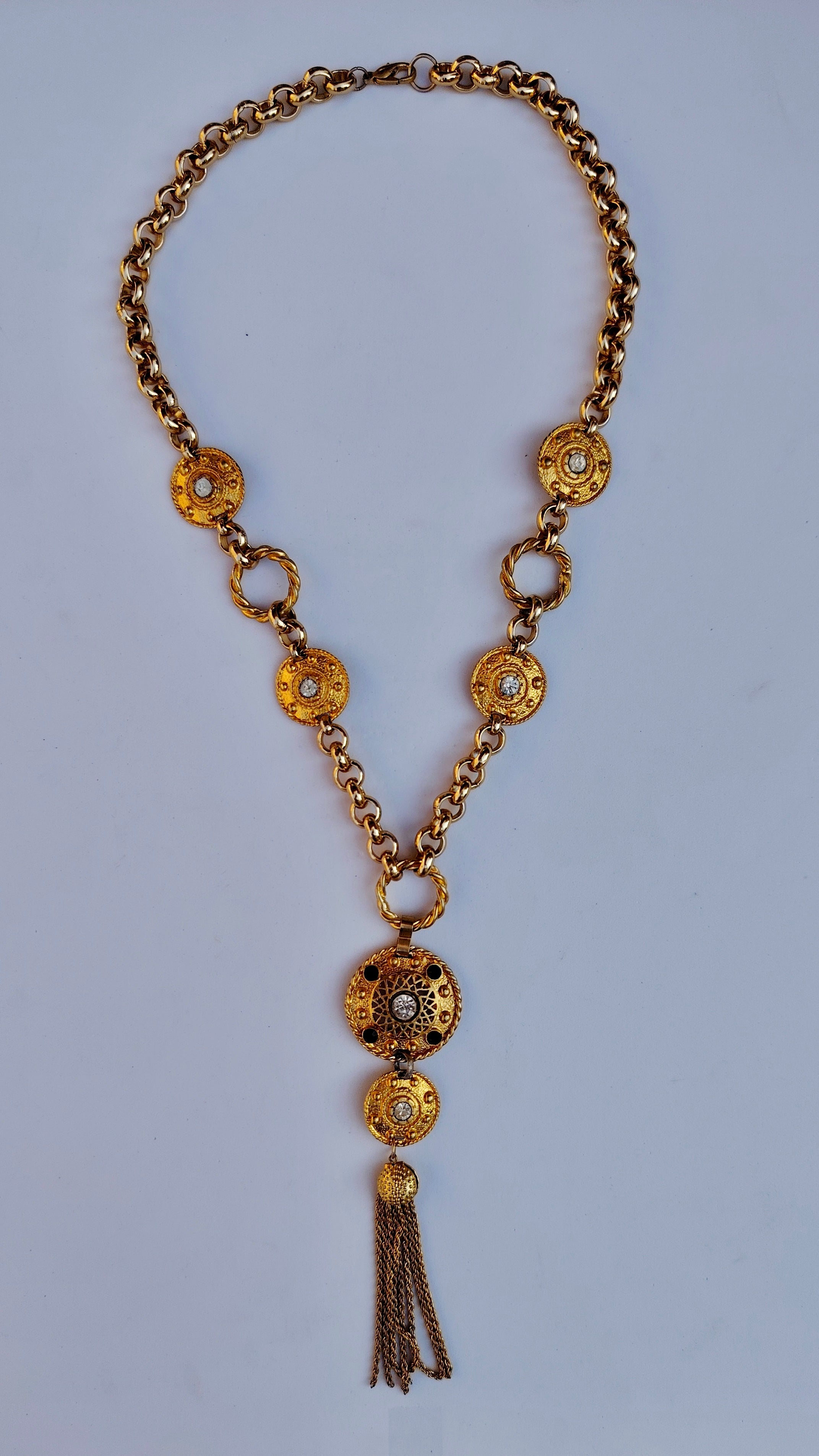 Vintage Gold-Tone Medallion Tassel Statement Necklace