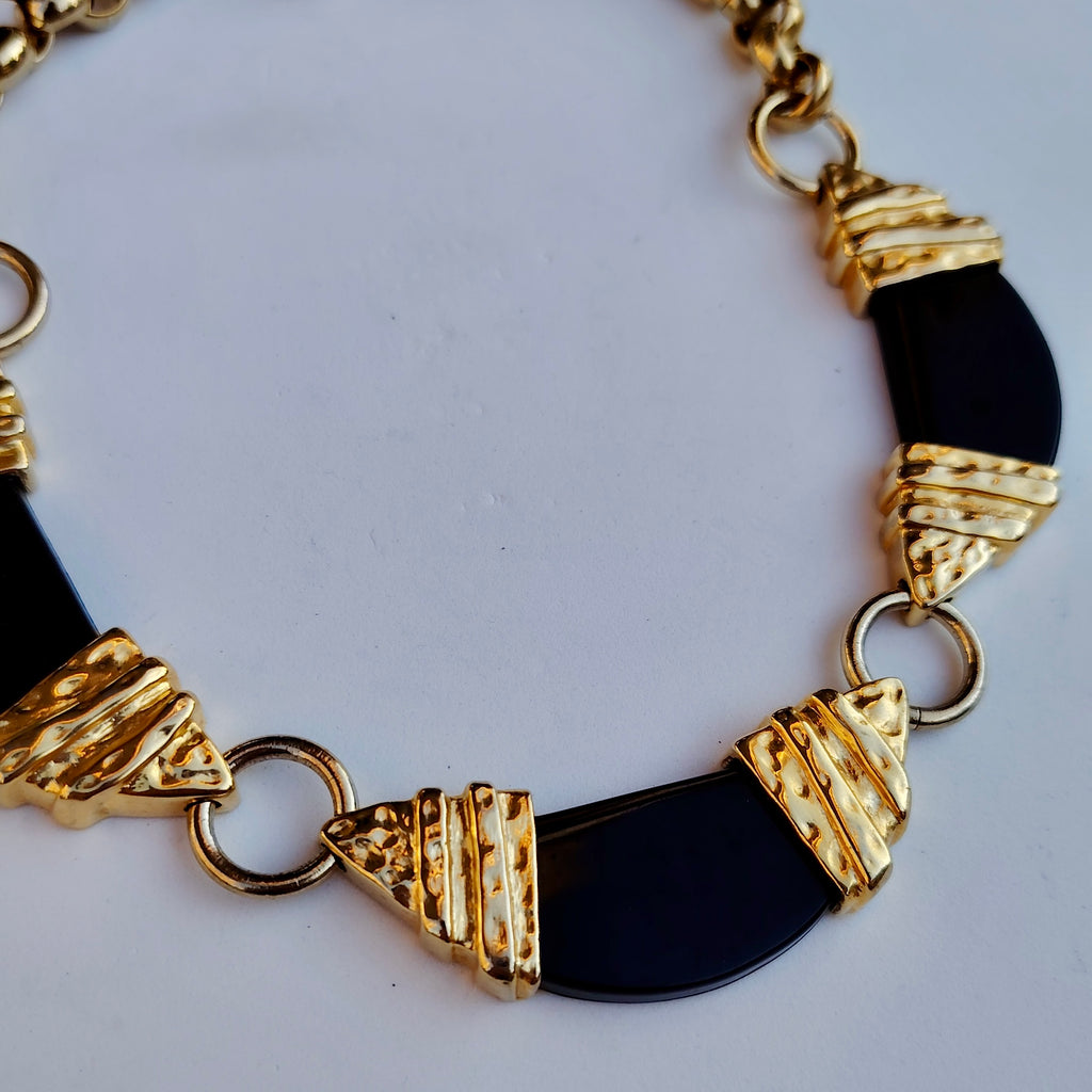 Vintage Black & Gold Statement Necklace & Clip-On Earrings Set