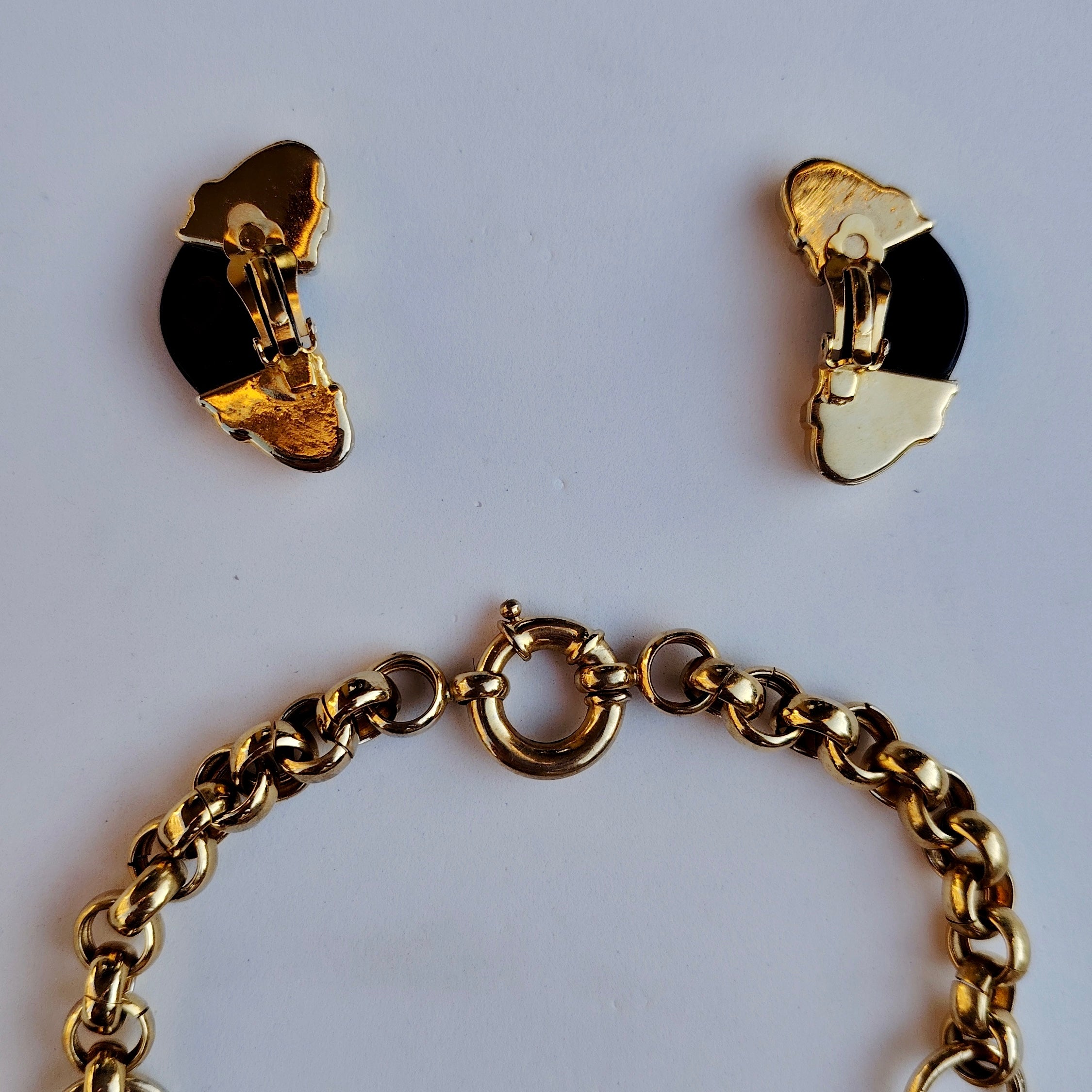 Vintage Black & Gold Statement Necklace & Clip-On Earrings Set