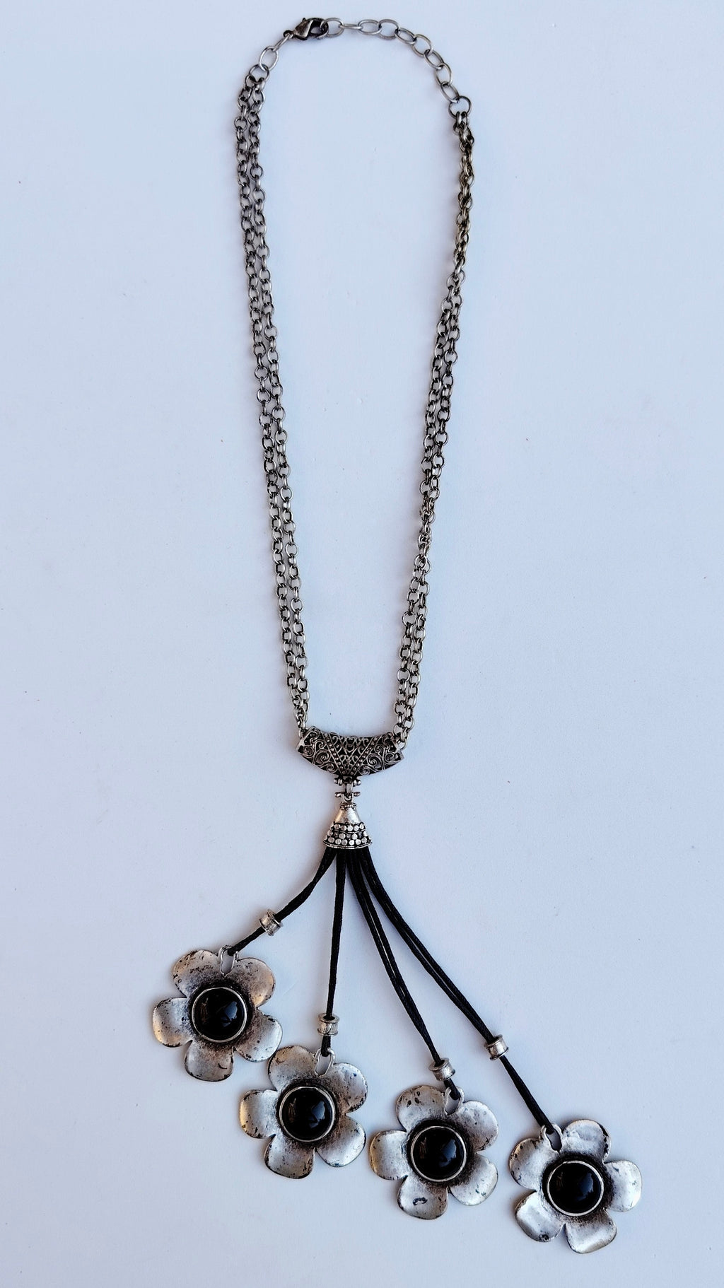 Vintage Silver-Tone Floral Tassel Asymmetrical Necklace