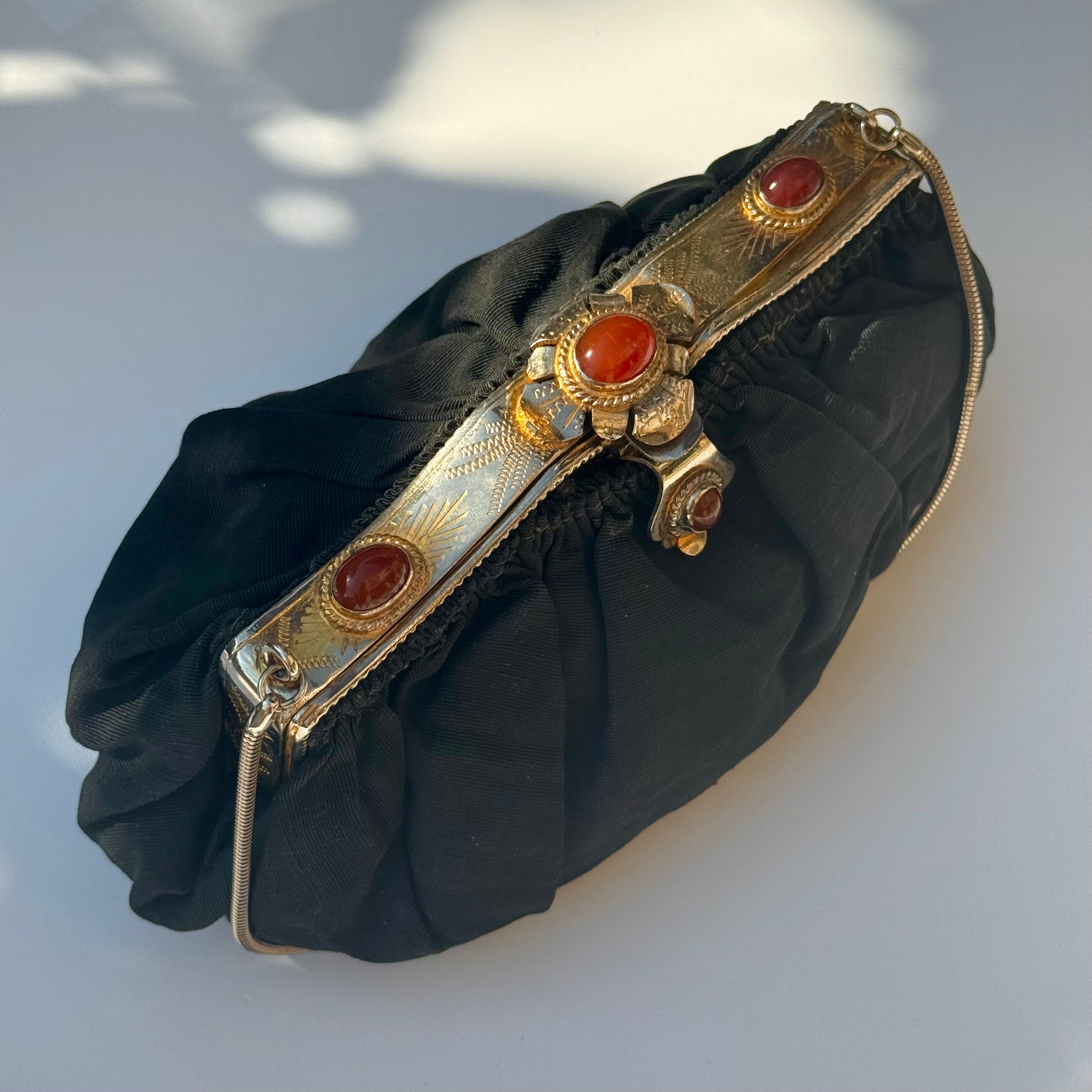 Vintage Black Evening Clutch with Ornate Metal Frame