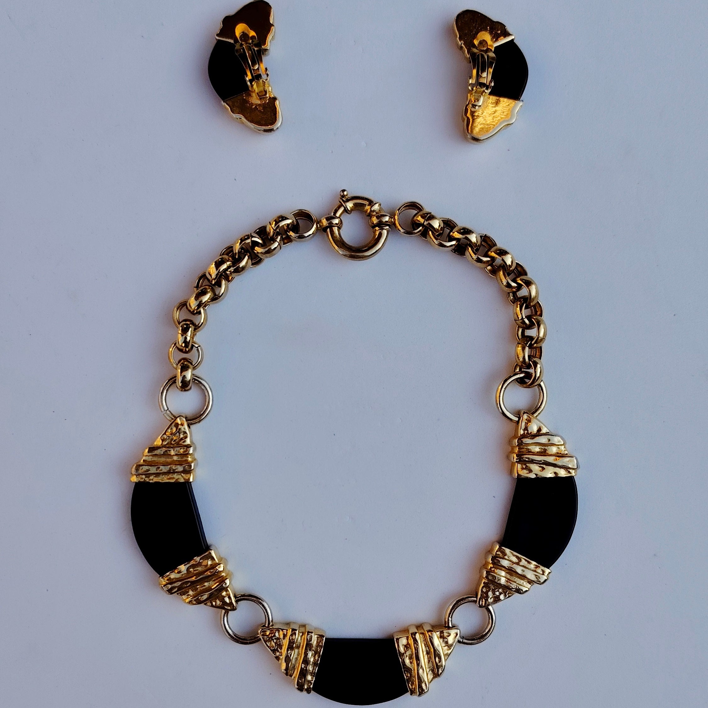 Vintage Black & Gold Statement Necklace & Clip-On Earrings Set