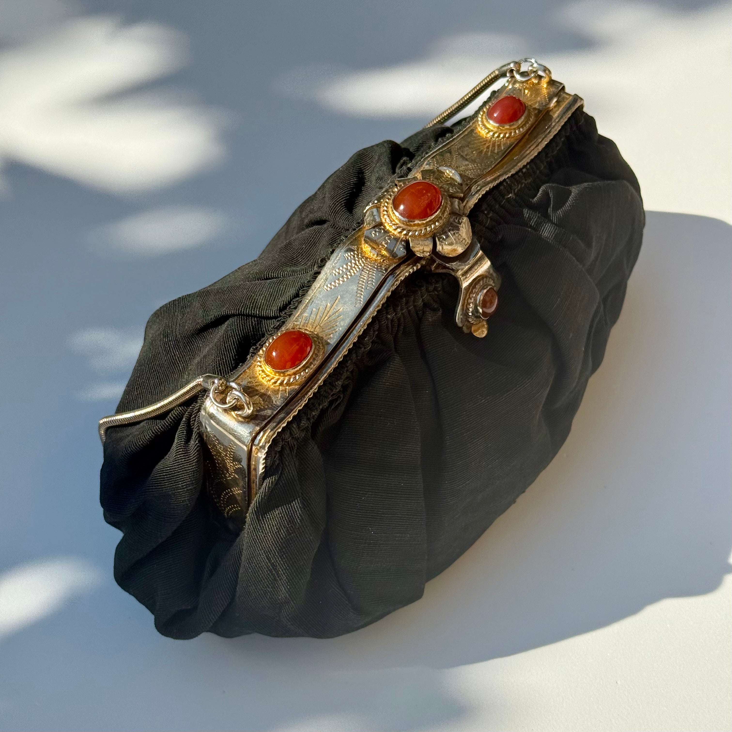 Vintage Black Evening Clutch with Ornate Metal Frame