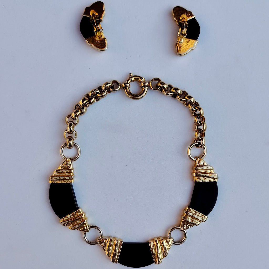 Vintage Black & Gold Statement Necklace & Clip-On Earrings Set