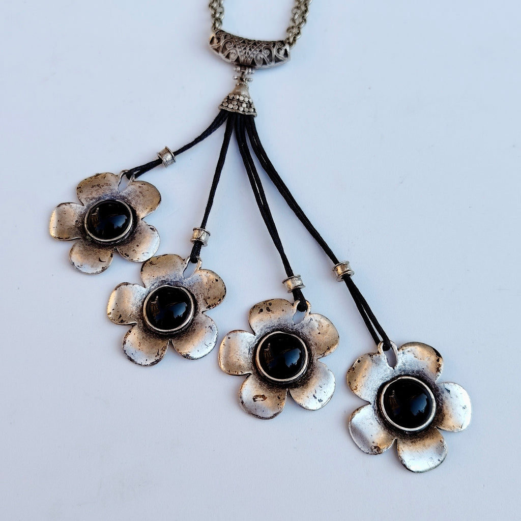 Vintage Silver-Tone Floral Tassel Asymmetrical Necklace