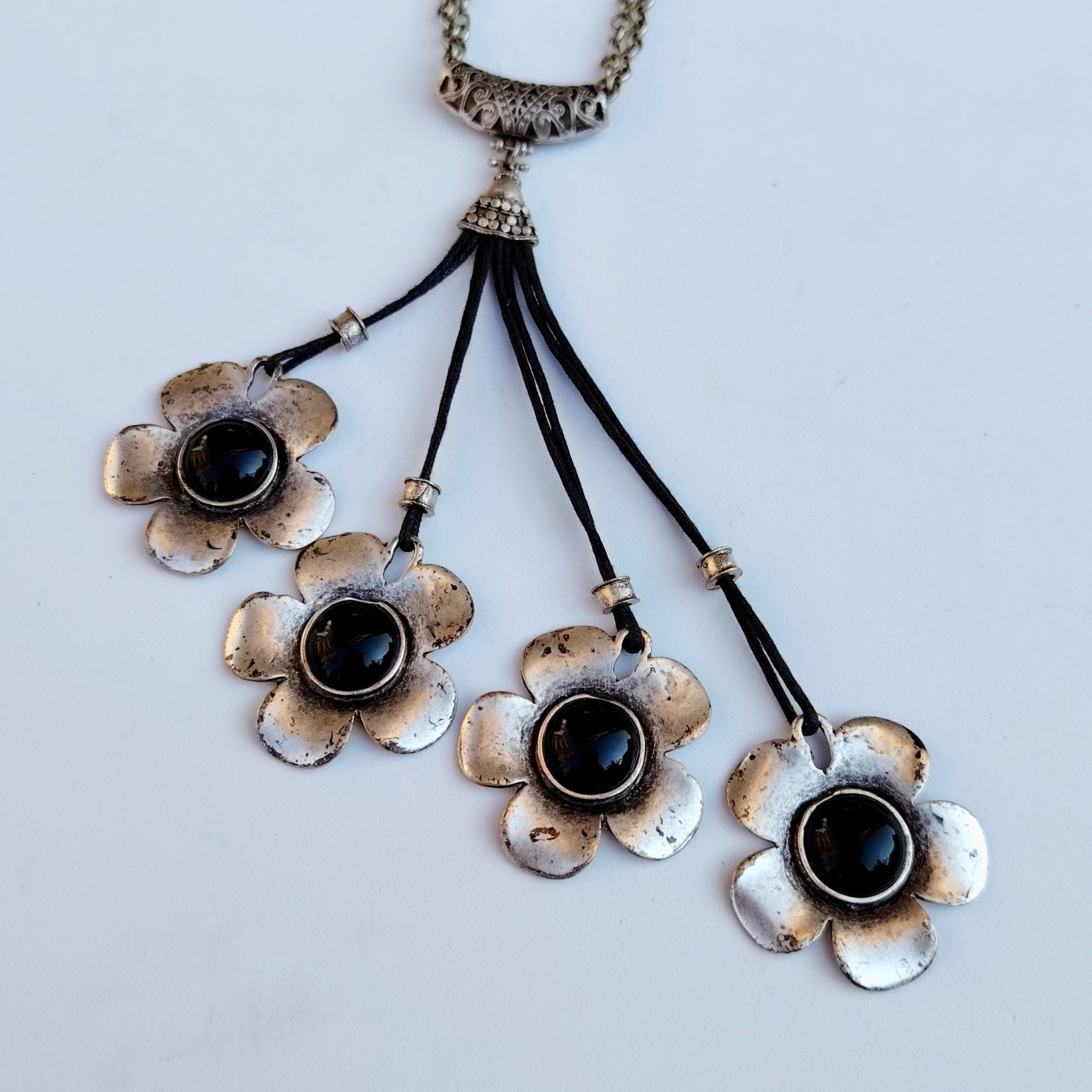 Vintage Silver-Tone Floral Tassel Asymmetrical Necklace