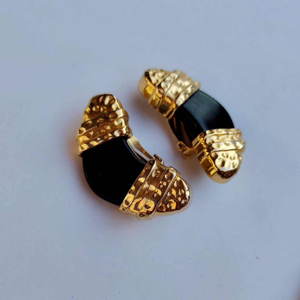 Vintage Black & Gold Statement Necklace & Clip-On Earrings Set