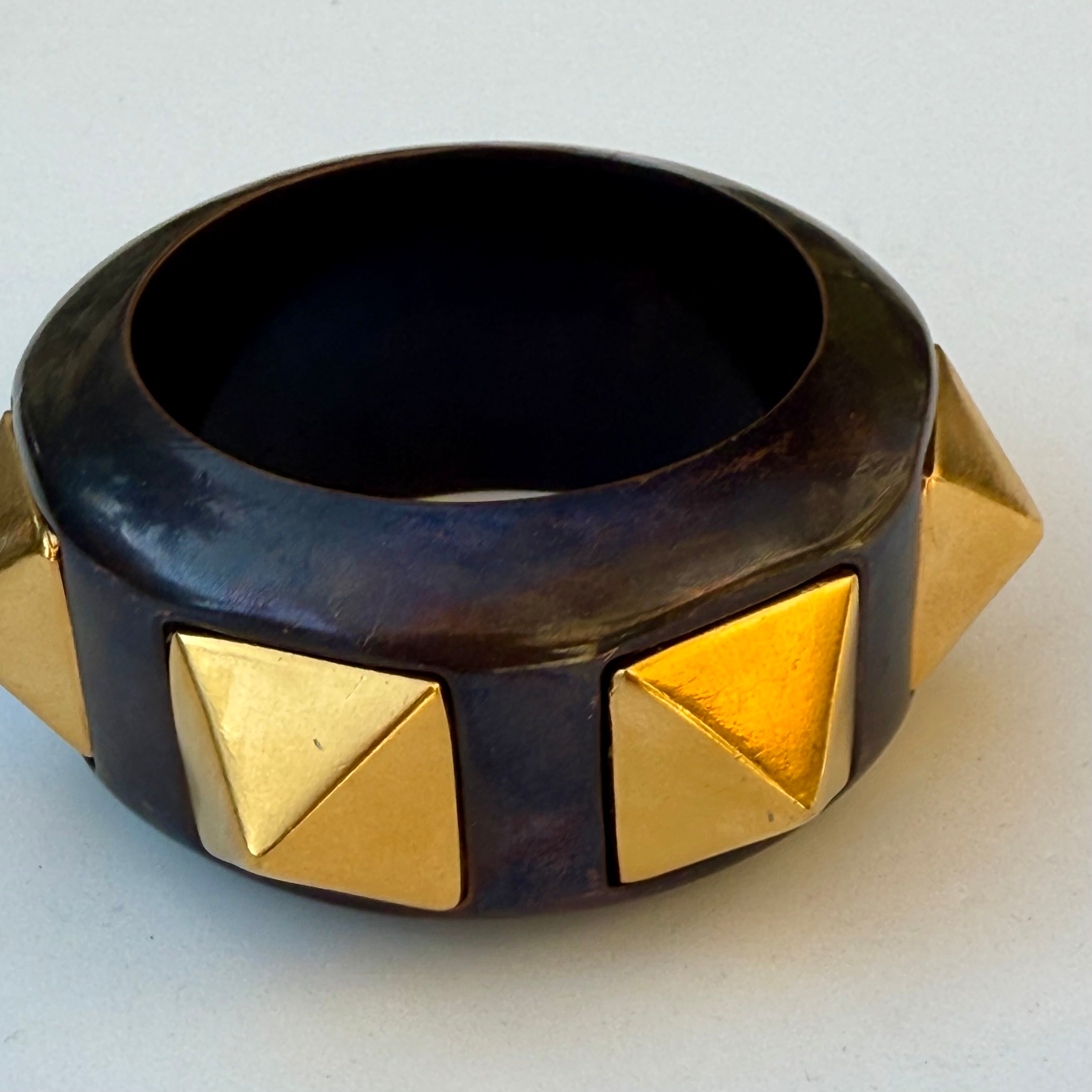 Vintage Oversized Black Resin & Brass Pyramid Stud Cuff Bangle