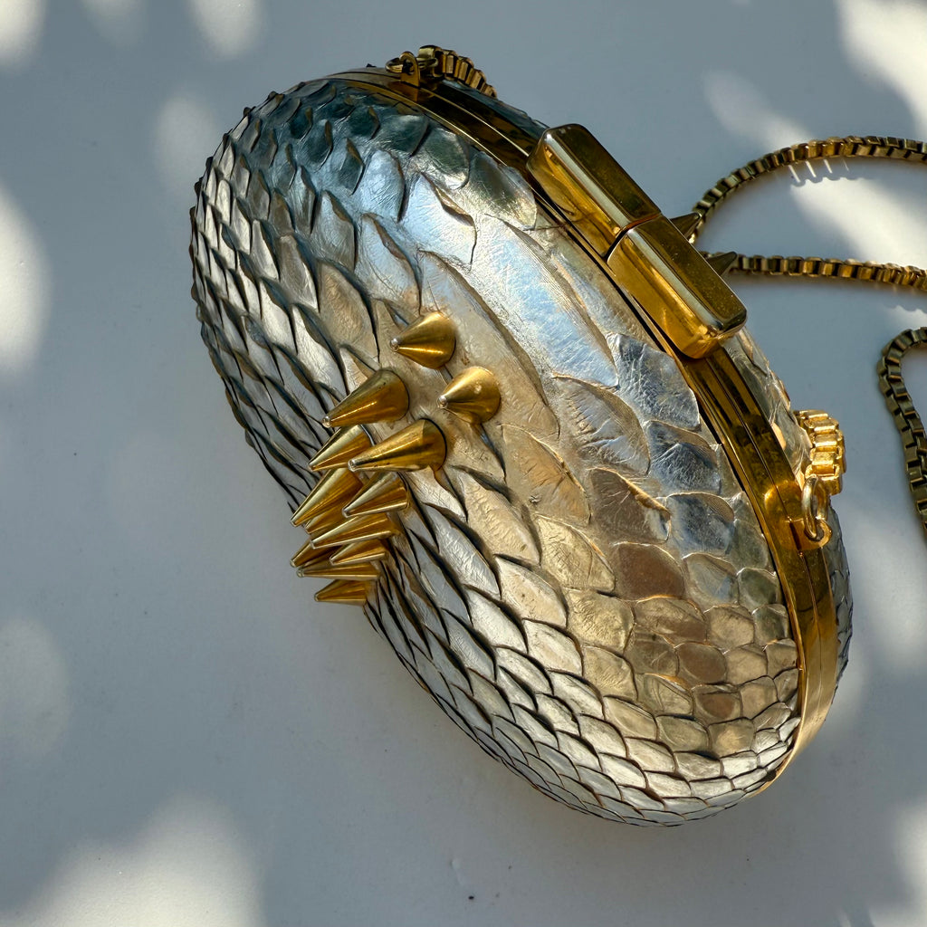 Rami Kadi Silver Python Leather Oval Clutch with Gold Studs