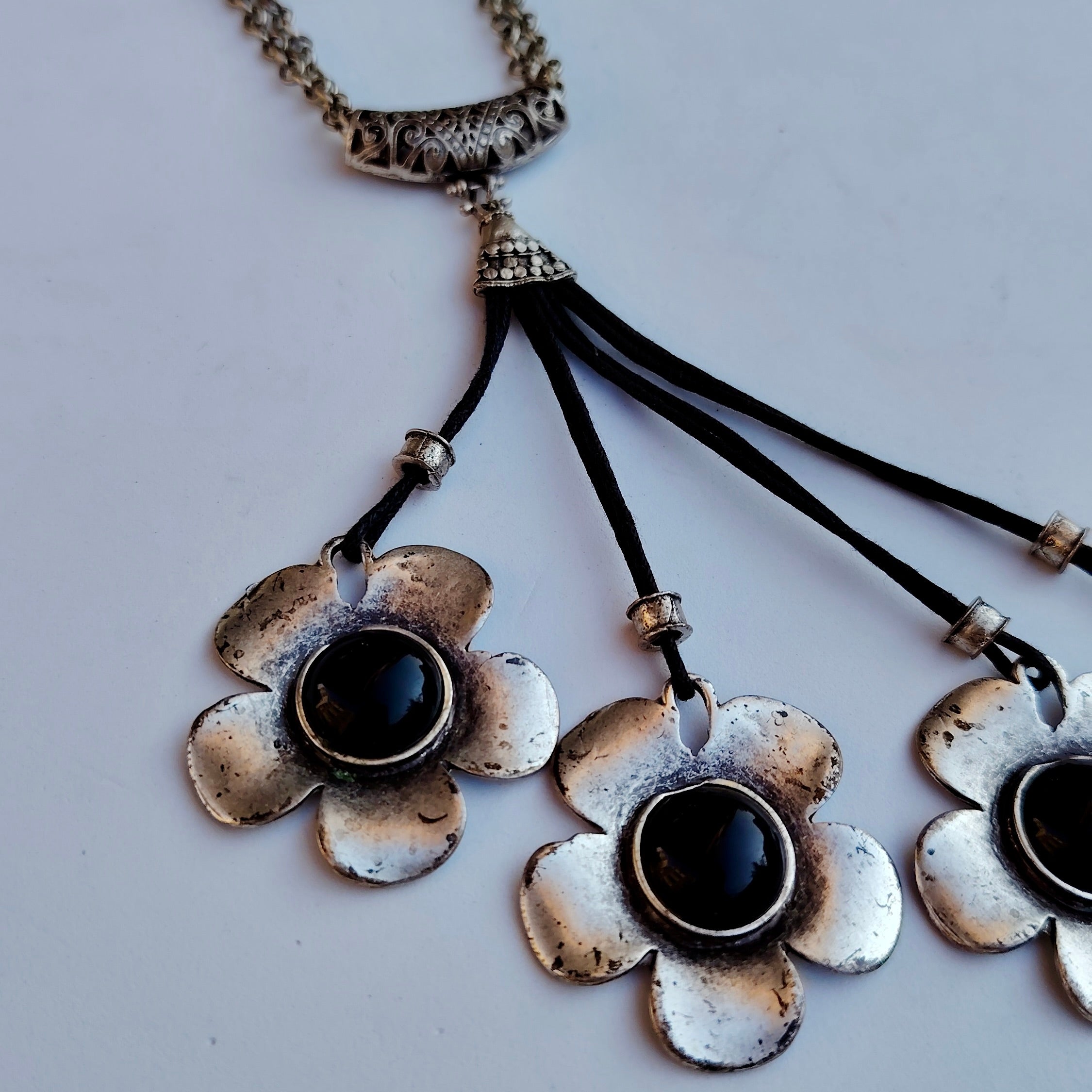 Vintage Silver-Tone Floral Tassel Asymmetrical Necklace
