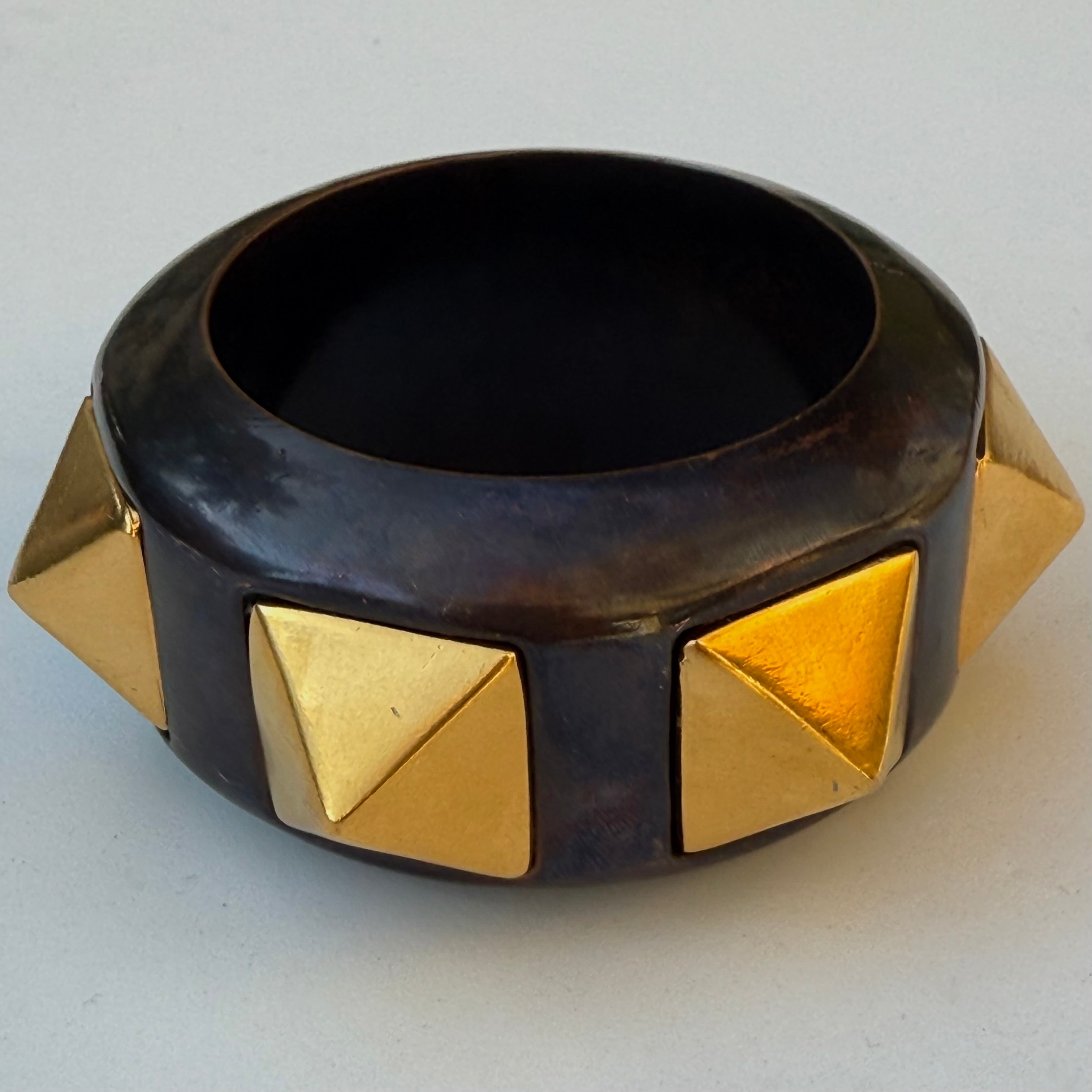 Vintage Oversized Black Resin & Brass Pyramid Stud Cuff Bangle