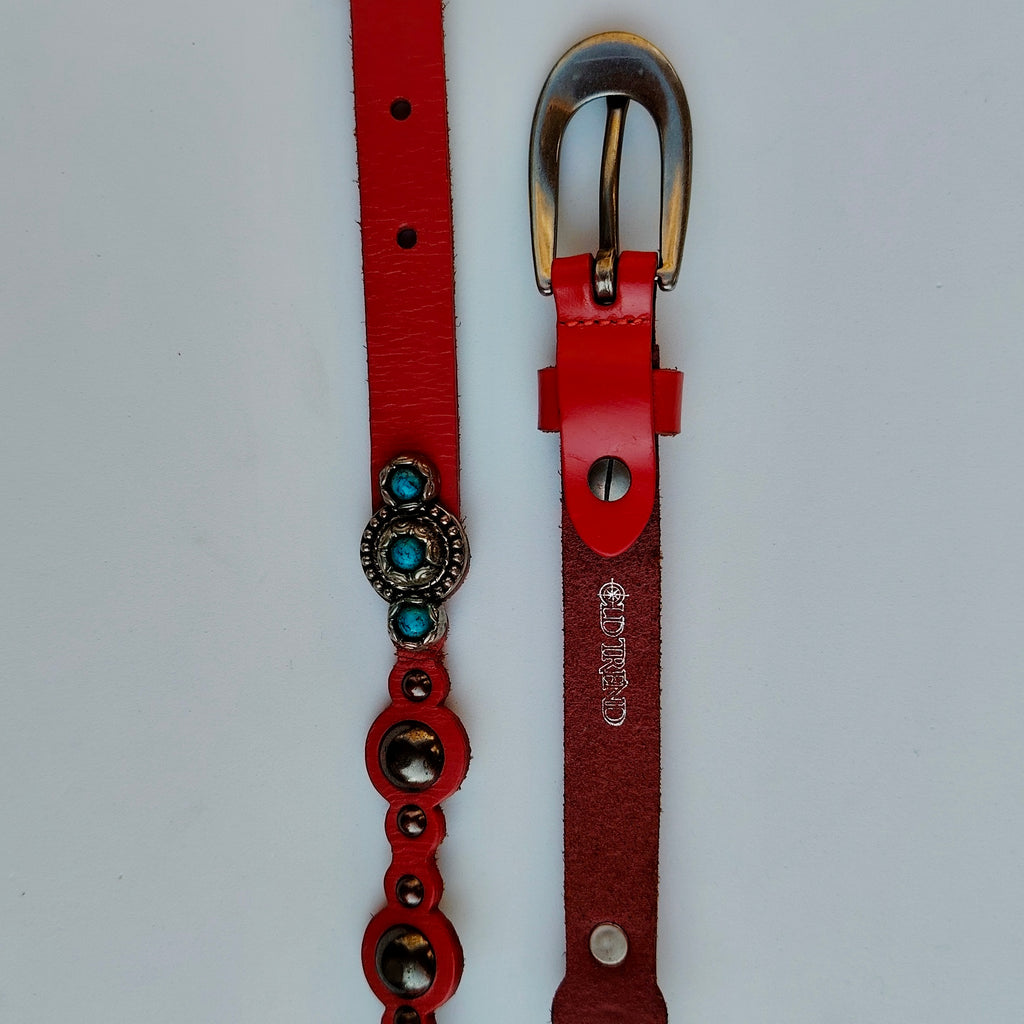 Vintage Red Genuine Leather Embellished Belt
