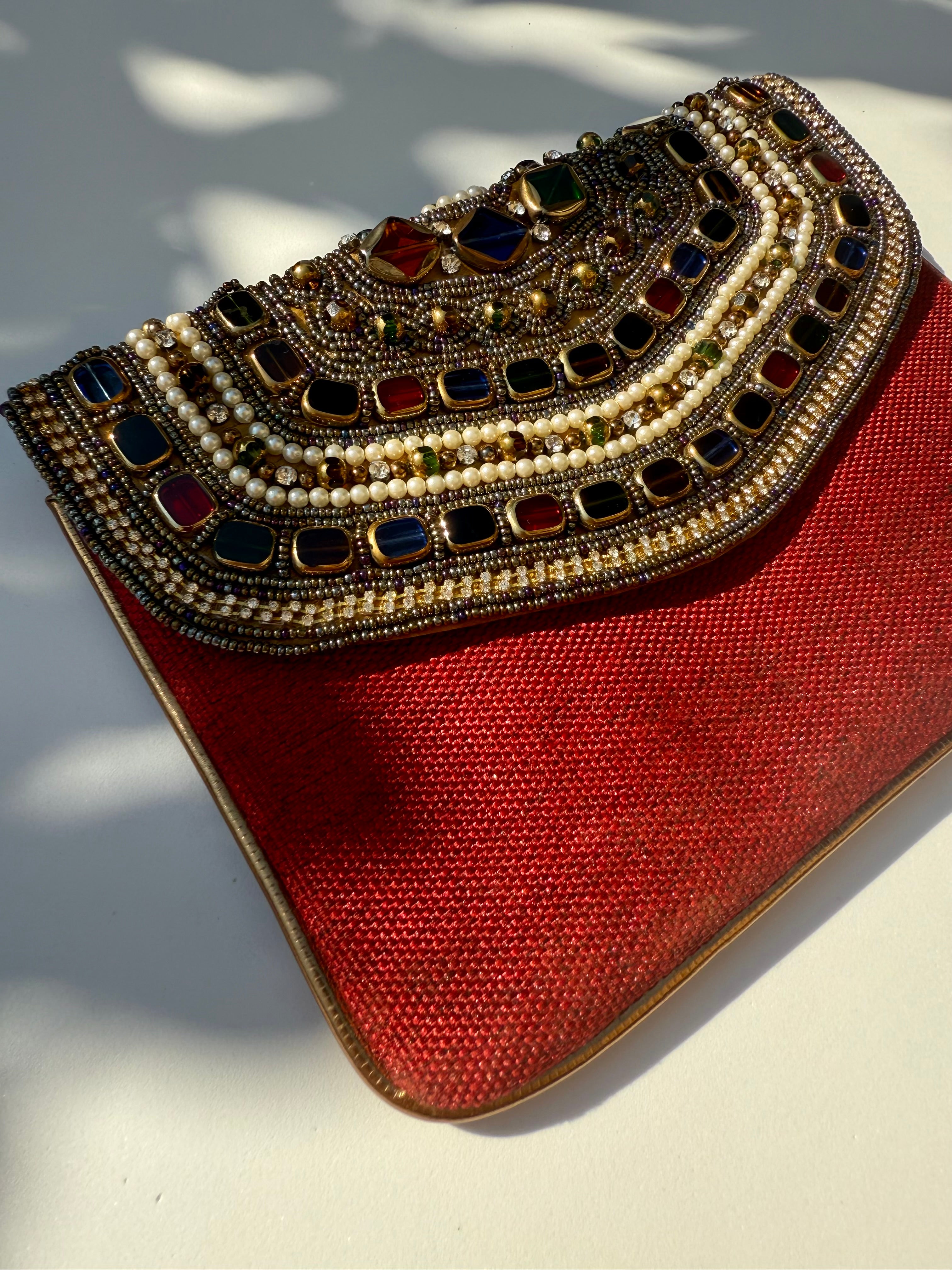 Red Embellished Evening Clutch Bag