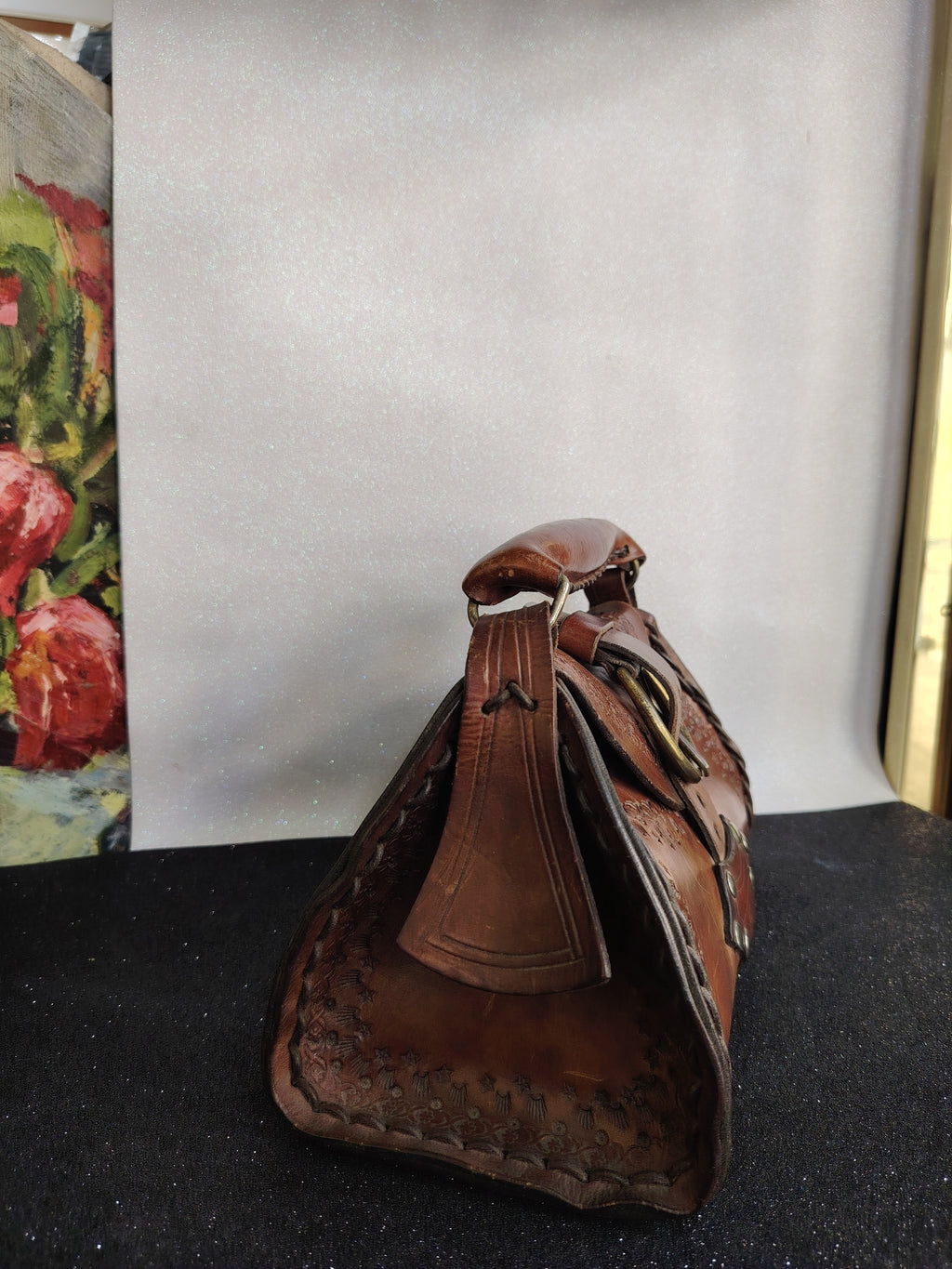 Tooled Brown Leather Bag