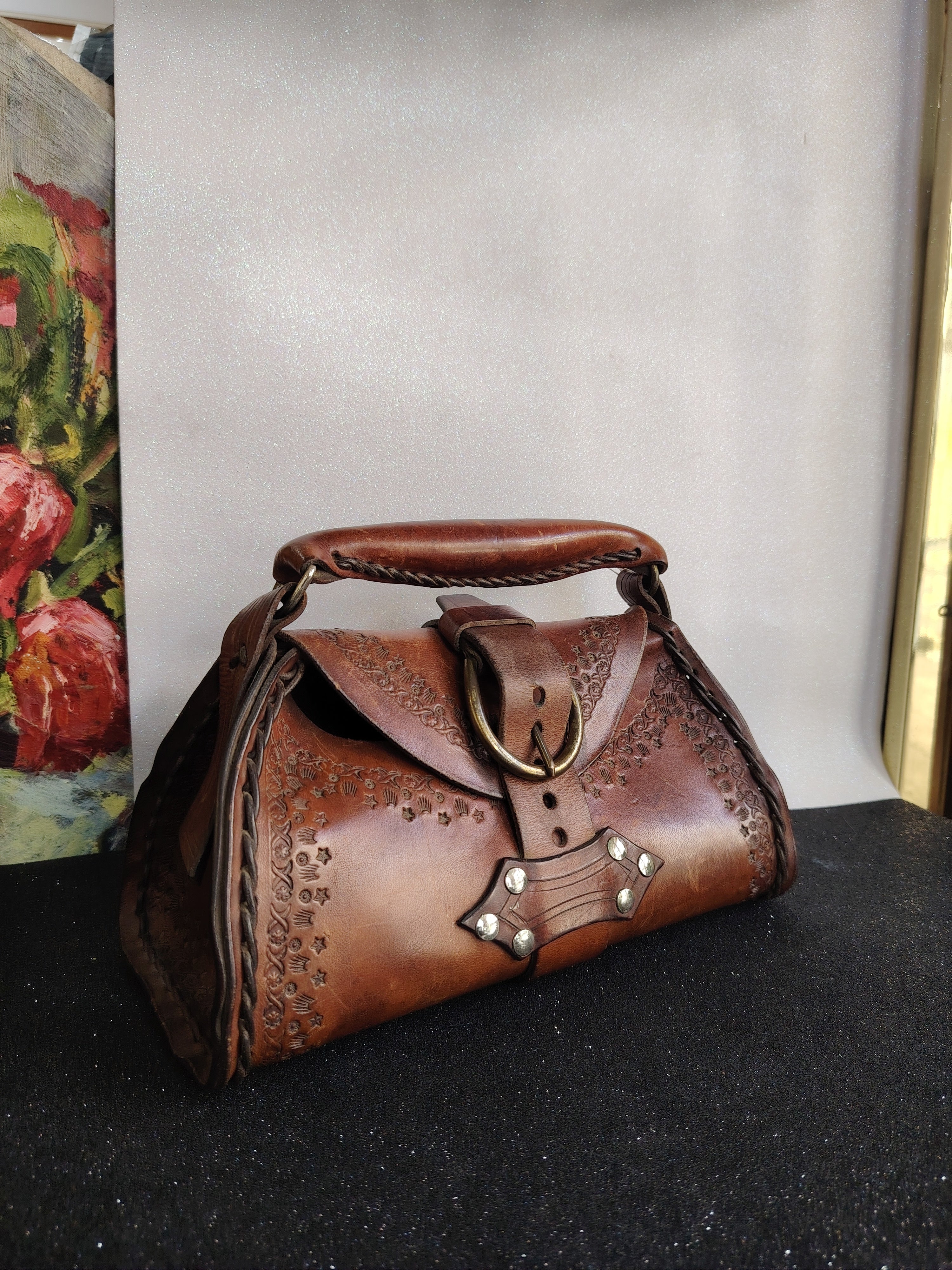 Tooled Brown Leather Bag