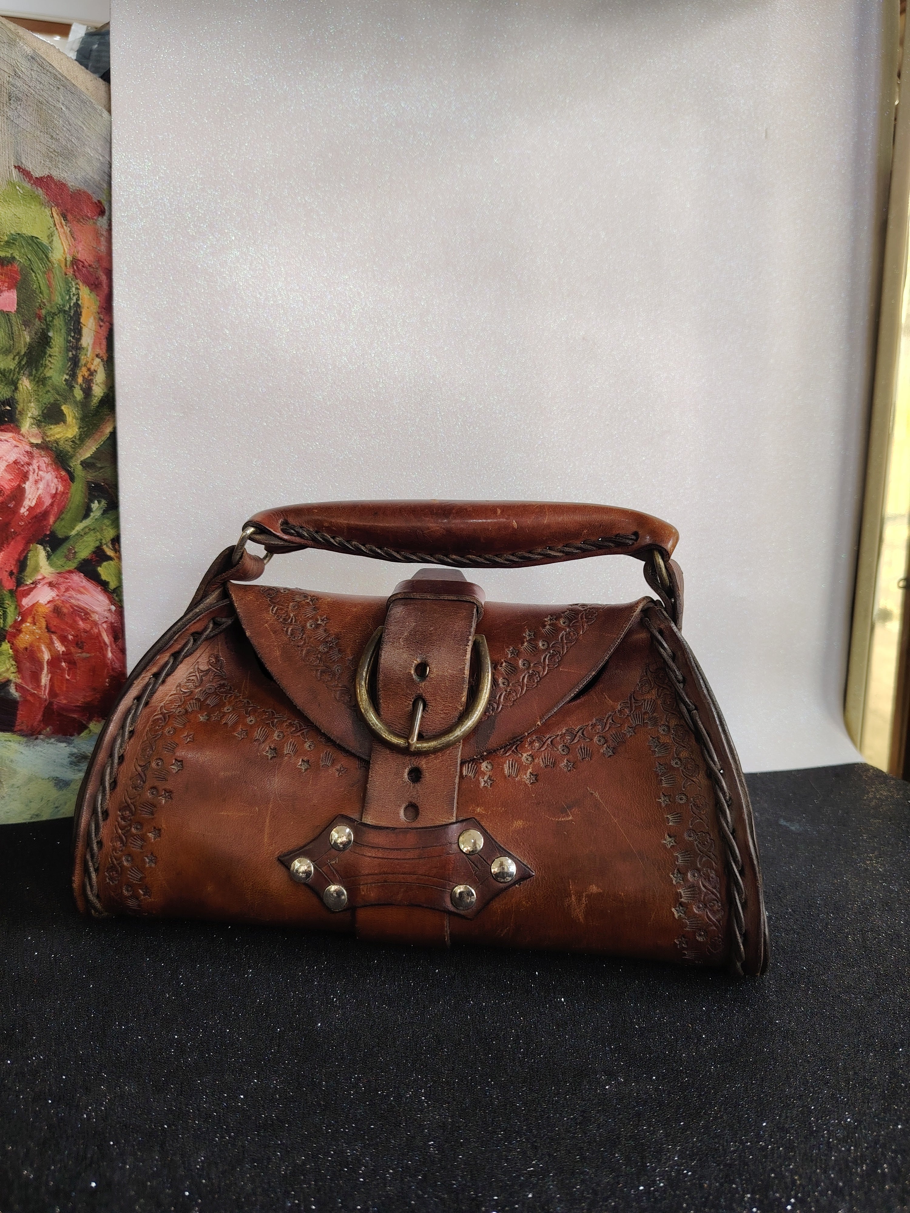 Tooled Brown Leather Bag