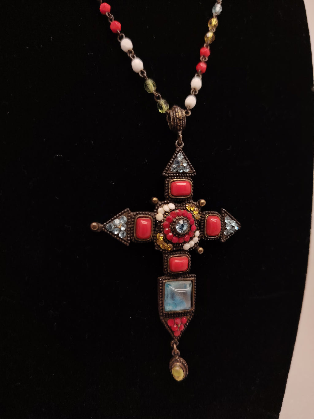 Poggi Paris Coral Glow Rhinestone Cross Necklace